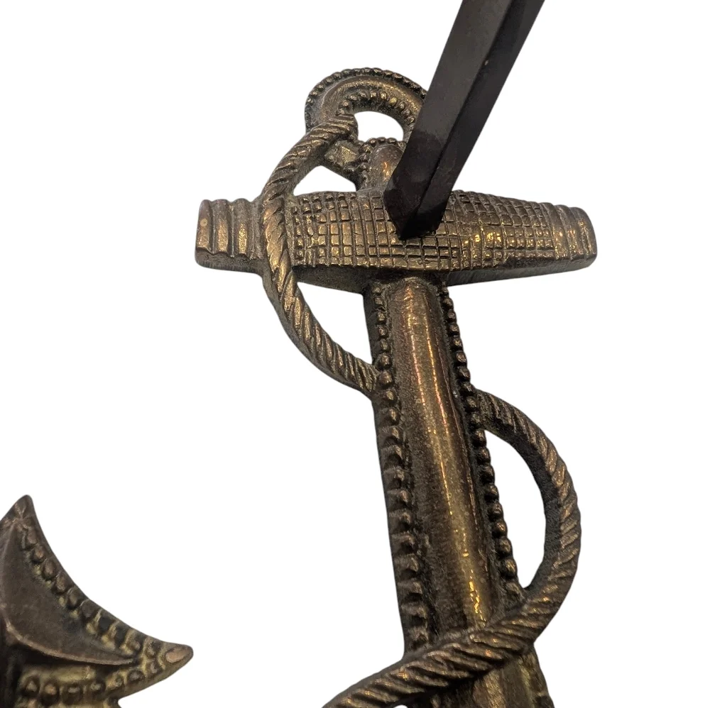 Vintage Large Cast Brass Anchor With Rope, Nautical Wall Mount. 7.5